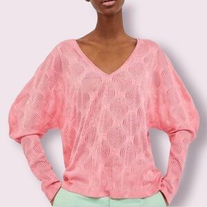 Zara Collection Sheer Melon Pink V Neck Textured Puffy Sleeve Top